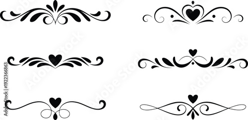 A collection of six elegant black ornamental dividers featuring intricate floral scrolls and heart shapes