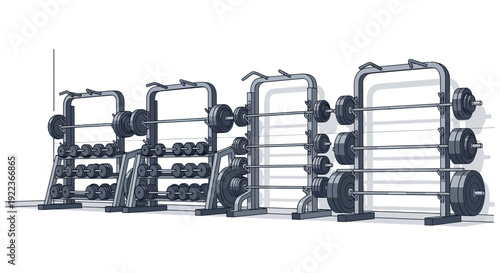 Array of Weightlifting Equipment with Barbells and Dumbbells.