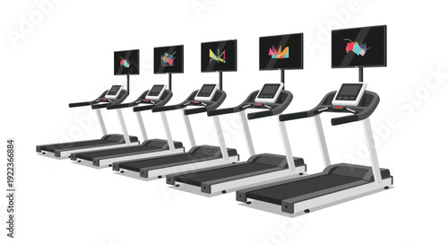 A row of modern professional gym treadmills with large interactive display screens.