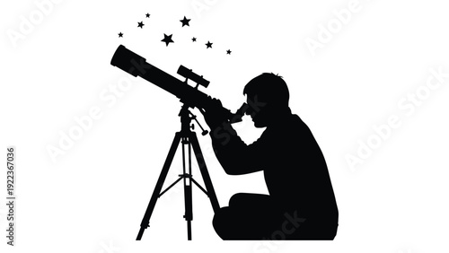 A man sitting and looking through a telescope isolated on white background, Vector