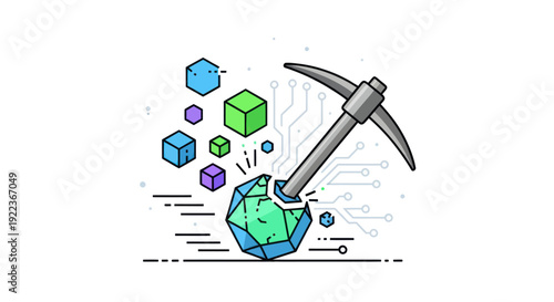 A pickaxe mining a digital crystal creating colorful cryptocurrency data blocks.