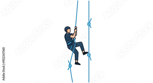 Person rappelling down a vertical rope with climbing gear.
