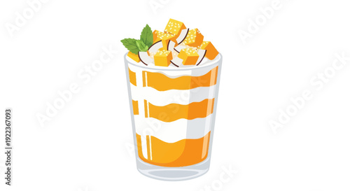 Delicious Layered Mango and Cream Dessert in a Glass with Mint Garnish.