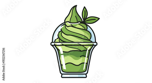 Vector illustration of a matcha green tea frappe with a soft serve swirl and leaf garnish.
