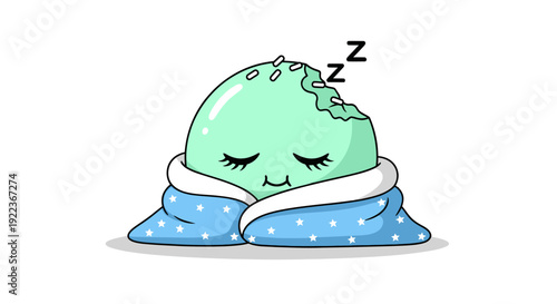 Sleeping Mint-Colored Blob Character Wrapped in a Blue Polka-Dot Blanket.