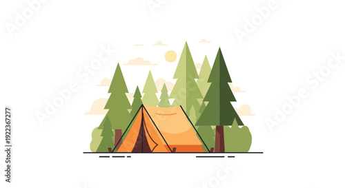 Orange Tent in Forest Camping Site.