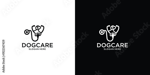 Dog Care Logo Design with Stethoscope and Dog Silhouette.
