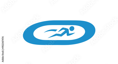 Stylized Blue Running Figure Logo in Oval Shape.