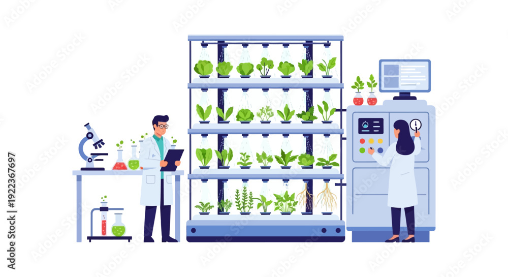 Fototapeta premium Vertical Farming Research: Scientists Monitoring Hydroponics and Controlled Environment Agriculture (CEA) System