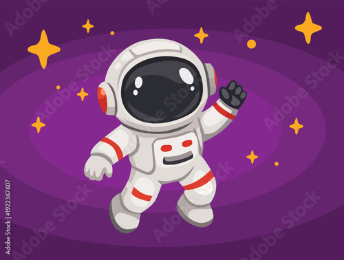 A cute cartoon astronaut waving hello in a purple galaxy.