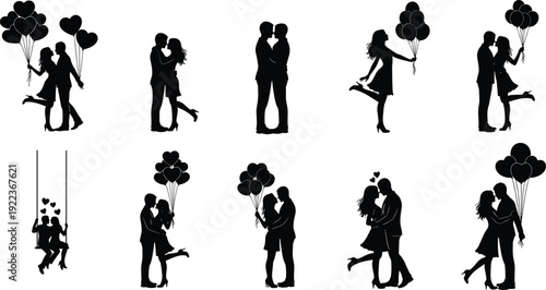 Romantic silhouette illustration of couples in affectionate poses with hearts and balloons, symbolizing love, intimacy, Valentine’s Day, and relationships.