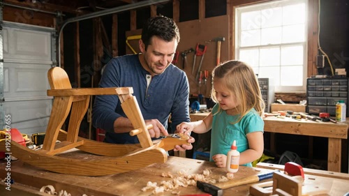 Man and a little girl assemble a wooden toy, a father and his daughter bond over building a rocking horse in a workshop.