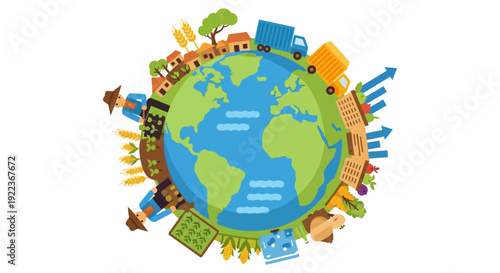 Global Agriculture, Food Supply Chain and Sustainable World Trade Concept. Farming, Logistics, and Economic Growth Illustration on Planet Earth.