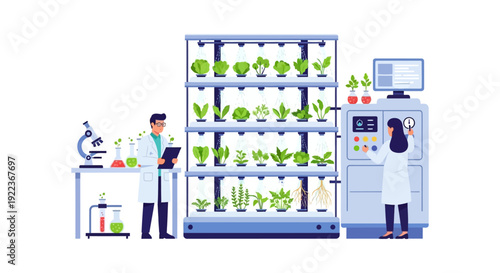 Vertical Farming Research: Scientists Monitoring Hydroponics and Controlled Environment Agriculture (CEA) System
