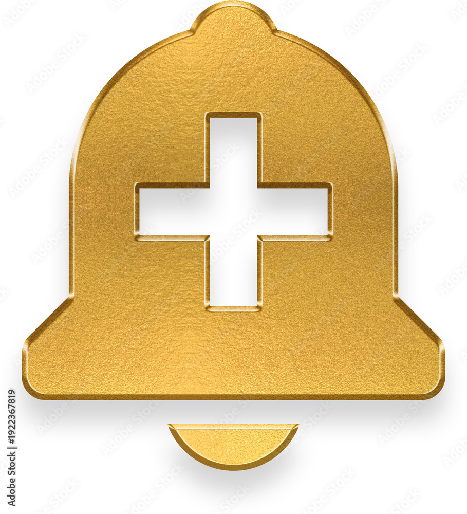 Fototapeta premium Gold foil texture icon of a notification bell with a plus sign