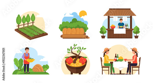 Farm and Agriculture Vector Illustration Set: Harvesting, Farmer's Market, Growing Produce, and Organic Food Scenes