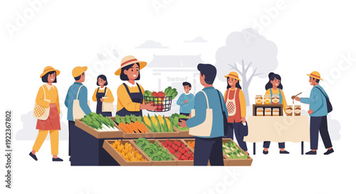 Farmer's Market Vector Illustration: People Shopping for Fresh Organic Produce, Vegetables, and Local Goods.