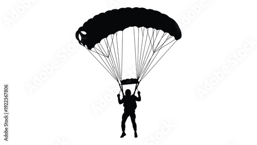 A person in a black suit is parachuting down isolated on white background, Vector