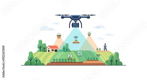 Drone Monitoring Smart Farm Crops: Precision Agriculture, Agricultural Technology, Digital Farming, and IoT Innovation Vector Illustration.