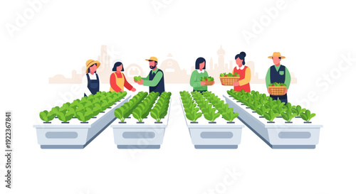Hydroponic Urban Farming Team Harvesting Fresh Lettuce. Modern Sustainable Agriculture Flat Vector Illustration.