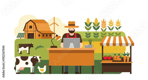 Digital Farm Management: Modern Farmer Using Laptop for Agribusiness, Surrounded by Livestock, Sustainable Energy, and Produce Market Flat Illustration.