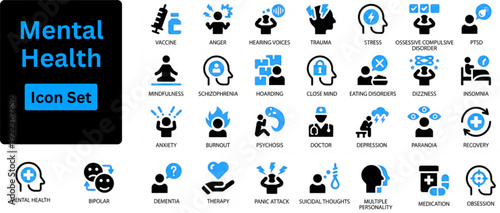 Mental Health solid icon set contains depression, bipolar, panic, medicine and mind disorder. Solid icons set. 