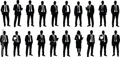 Silhouette illustration of diverse business professionals in suits with phones, tablets, and folders, symbolizing corporate attire, office work, and professionalism.