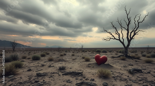 Broken heart in desolate landscape
