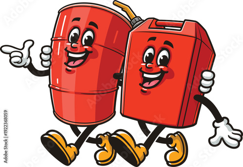 Cartoon mascot of oil drum and fuel jerry can walking together