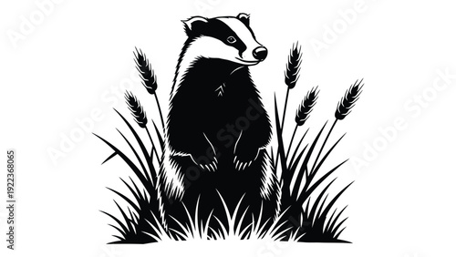 A black and white image of a badger in the wild isolated on white background, Vector