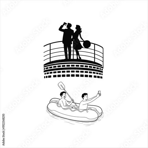 Couple on Ship Deck Above Kayakers Taking Selfie on WaterStock Illustration