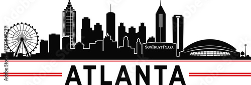 Stylized silhouette illustration of Atlanta city skyline with Ferris wheel, stadium, and iconic skyscrapers, representing architecture, landmarks, and urban identity.