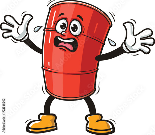 Cartoon oil drum mascot is panicking and scared