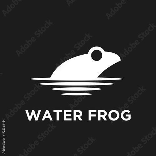 Minimalist White Water Frog Logo Design with Ripples on Black Background, Vector Icon Illustration