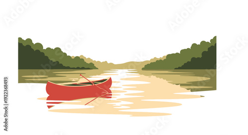 Red Canoe on Calm Water Surface.