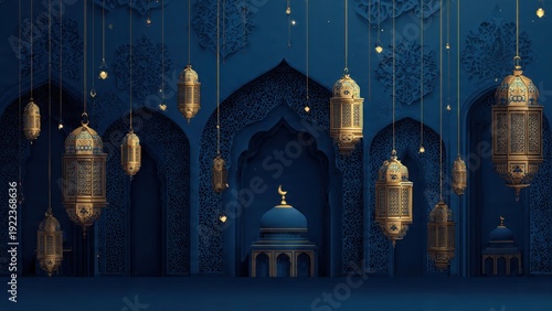 Elegant Golden Arabic Lanterns Hanging in Orate Blue Islamic Arch Background for Ramadan Kareem and Eid Mubarak Celebrations, Festive Middle Eastern Night Scene
