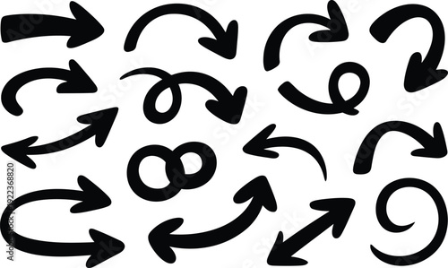 A comprehensive group of black handwritten arrows displaying diverse paths and orientations on a clean backdrop