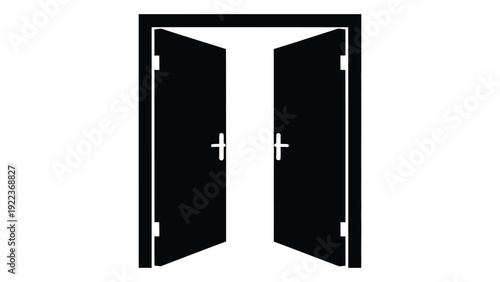A pair of open doors with white outlines and handles isolated on white background, Vector