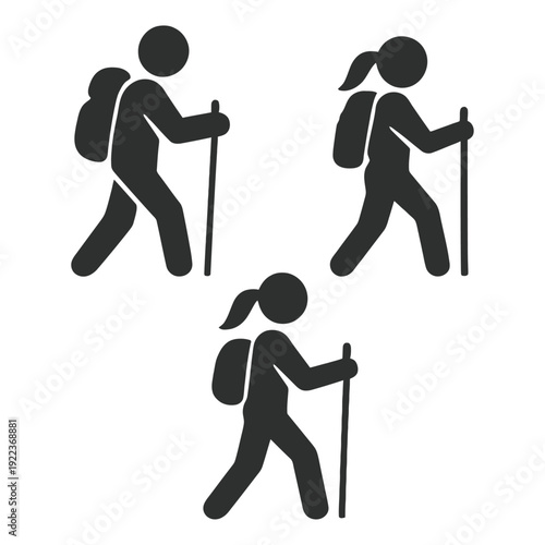 Three hikers walking with backpacks and trekking poles on a black background