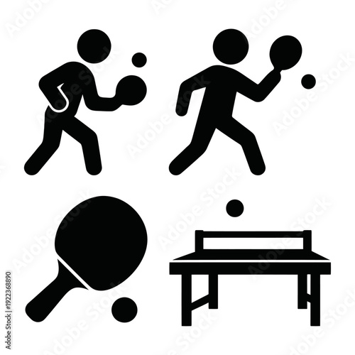 A simple illustration of table tennis players in action with a table and rackets