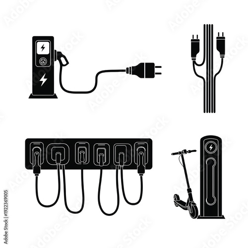 A collection of electric charging cables and plugs
