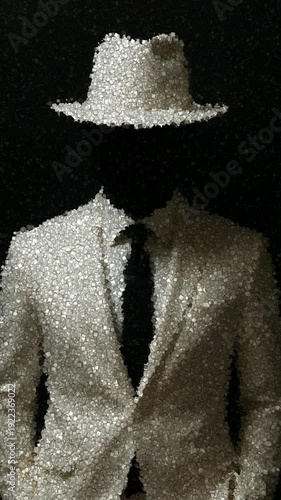 High contrast shot of a faceless man wearing a bright white suit and white fedora with a black necktie standing against a solid black studio background, made of cubes
