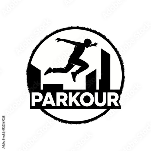 A black and white logo featuring a person jumping over city buildings with the word PARKOUR underneath