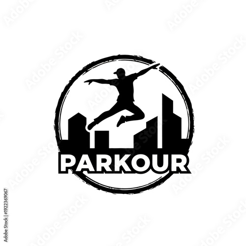 A black and white logo featuring a parkour athlete in mid jump against a city skyline