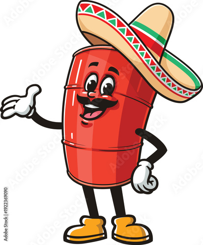 Cartoon mascot of an oil drum wearing a sombrero
