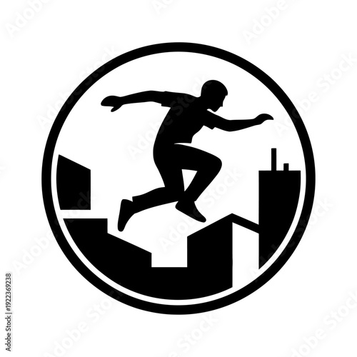 A black and white logo featuring a person jumping over a cityscape in a circular design with the word PARKOUR underneath.
