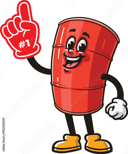 Cartoon oil drum mascot holding a giant foam finger