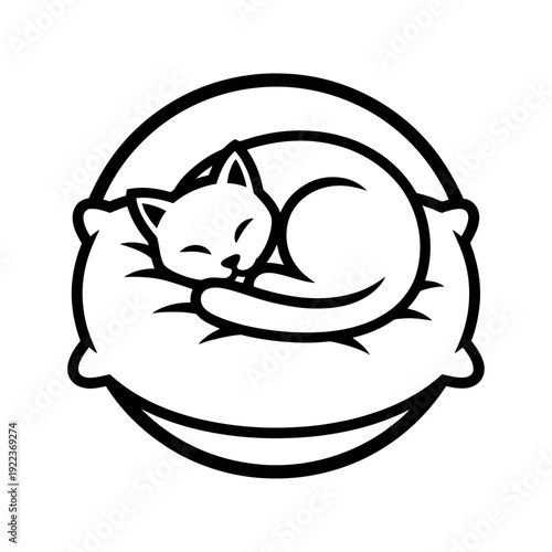 A serene cartoon cat sleeping peacefully on a black background