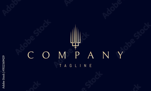 A vector golden logo featuring an abstract image a trident shaped like a crown, symbolizing authority, power, and sovereignty.