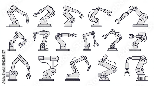 Collection of industrial robot arm icons representing automation and manufacturing technology perfect for technology and engineering concepts
